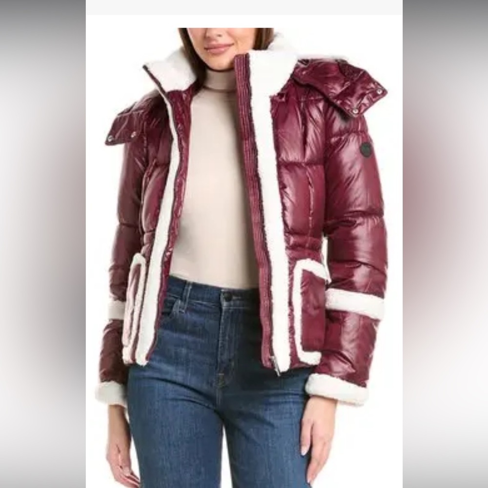 French Connection Maroon Puffer Jacket with Cream Accents